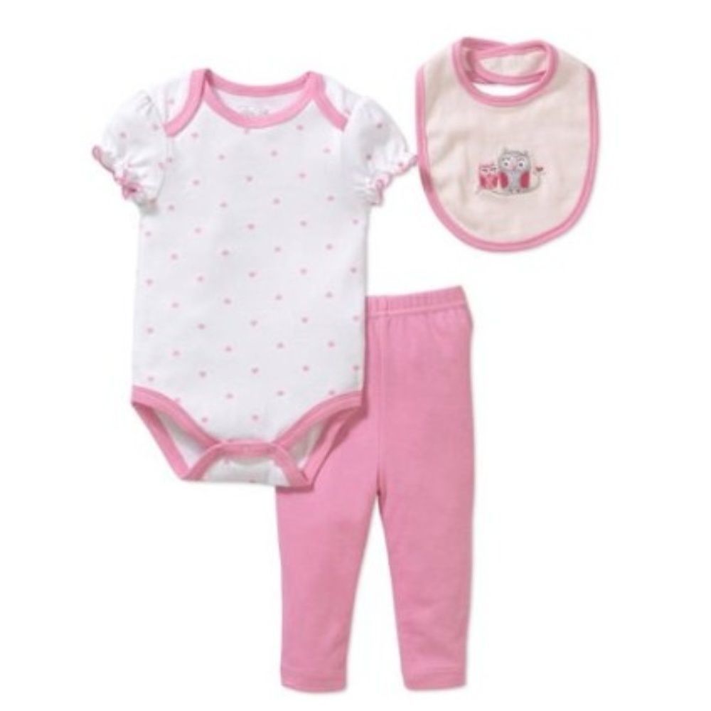 NWT Rene Rofe Baby Girl Pink Owl Bodysuit, Bib and Leggings 3 pieces Set